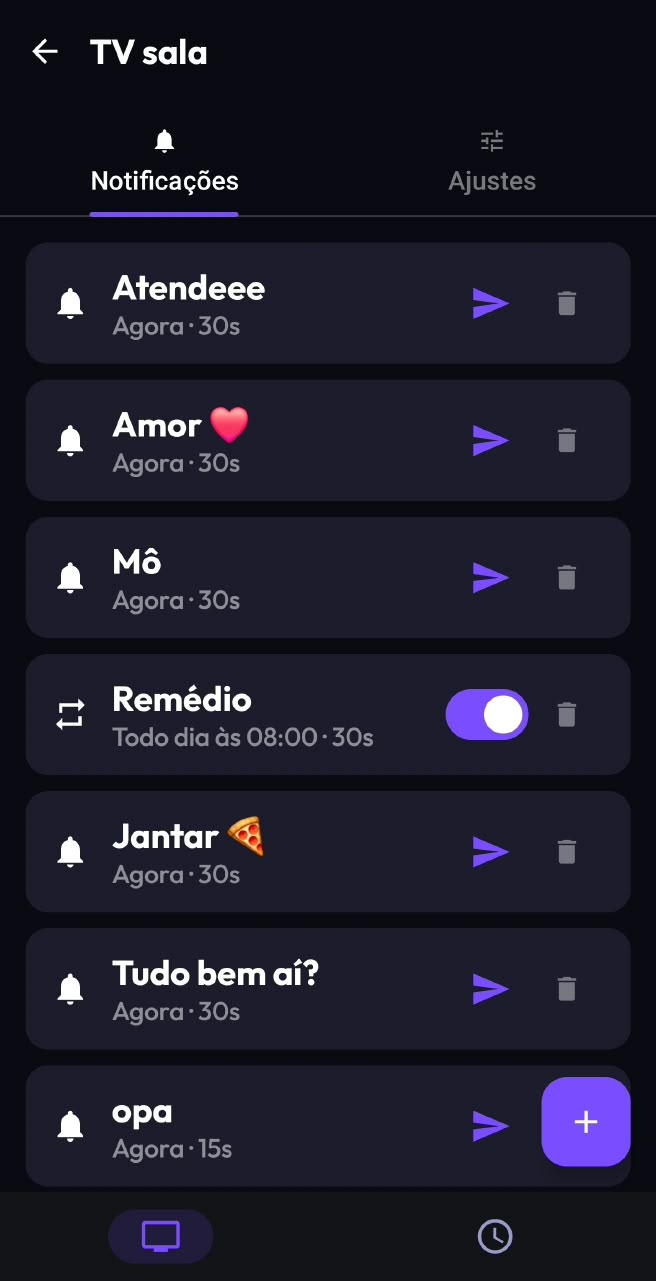 Lista de notificações salvas no ASNO TV
