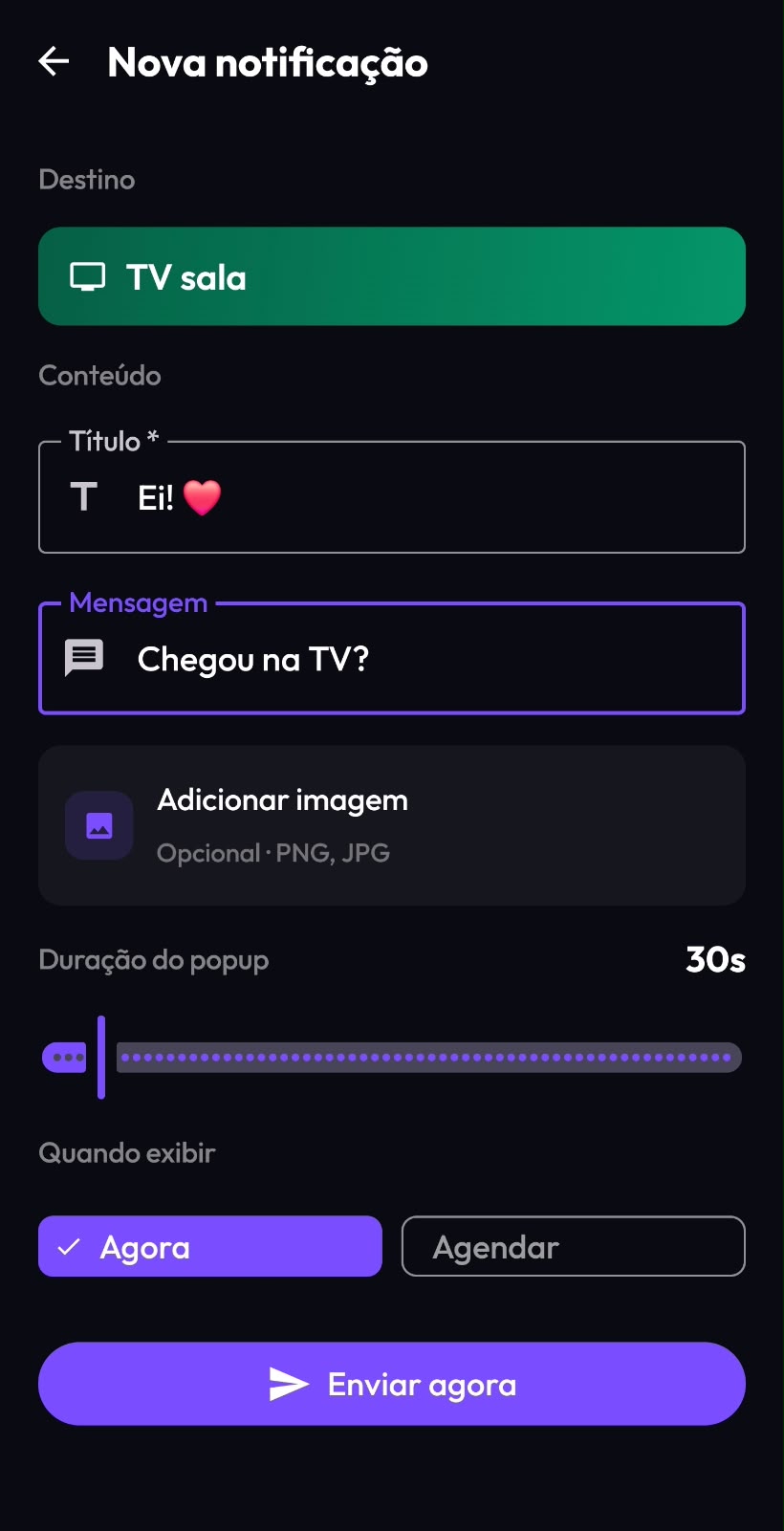 Tela de nova notificação do app ASNO TV